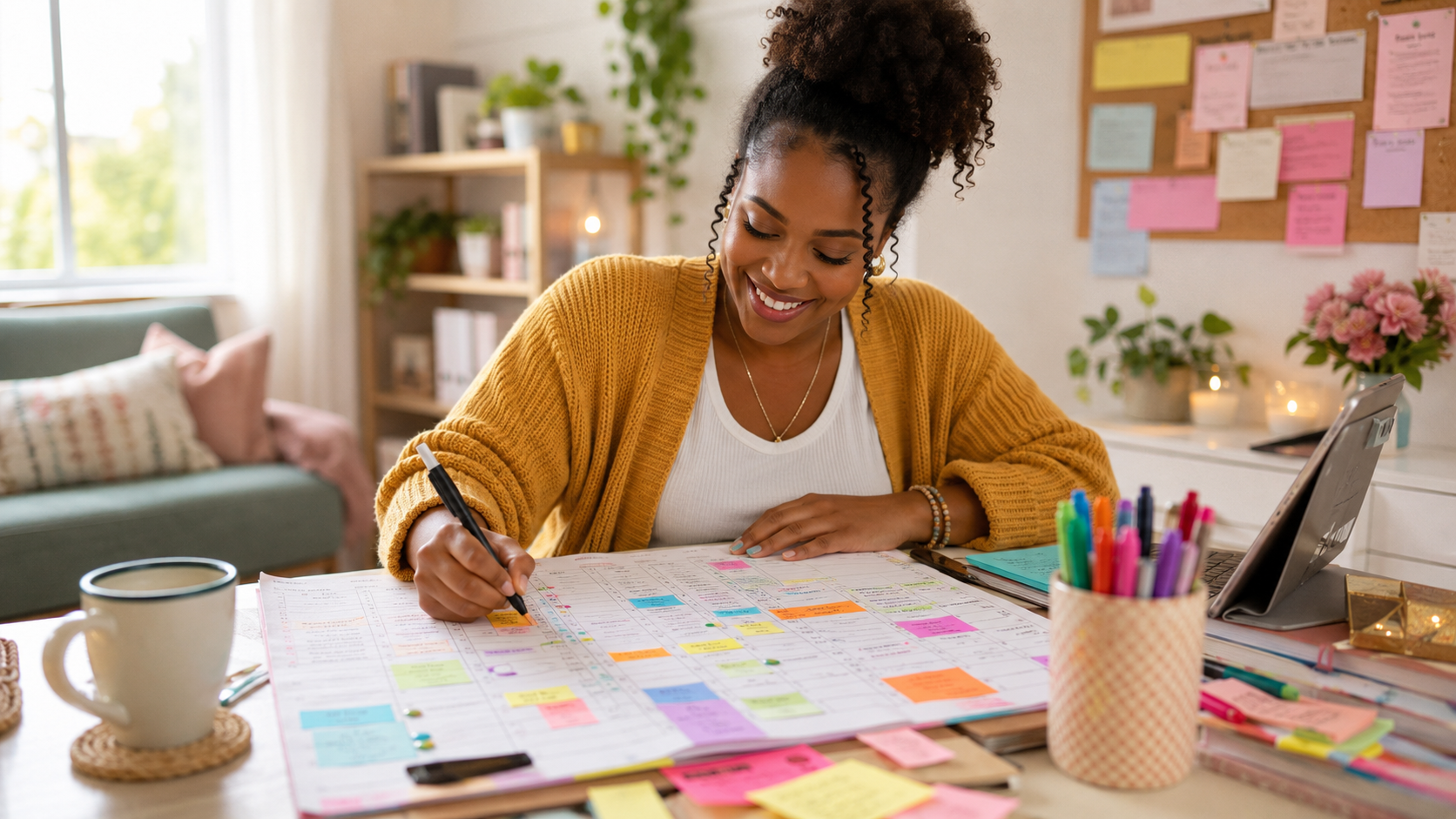 Woman in Edina, MN Accomodating her ADHD with a colorful calendar and sticky notes