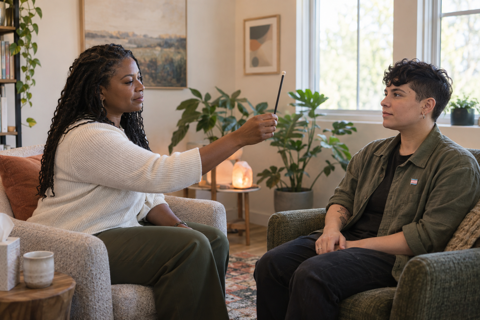 Black Therapist With Queer Client During Brainspotting Session In Edina MN